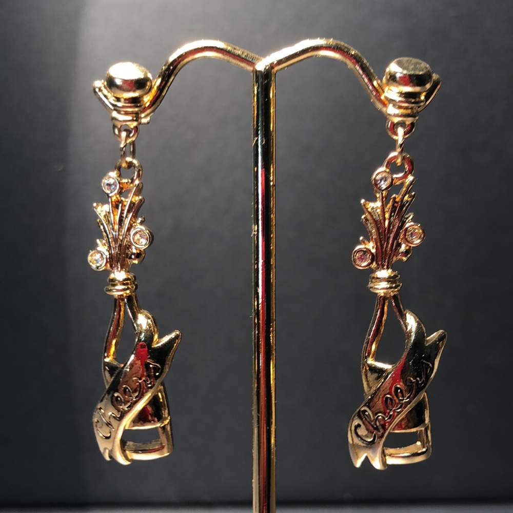 AVON Gold Champagne bottle earrings   Rhinestones Pierced Vintage Festive Cheers
